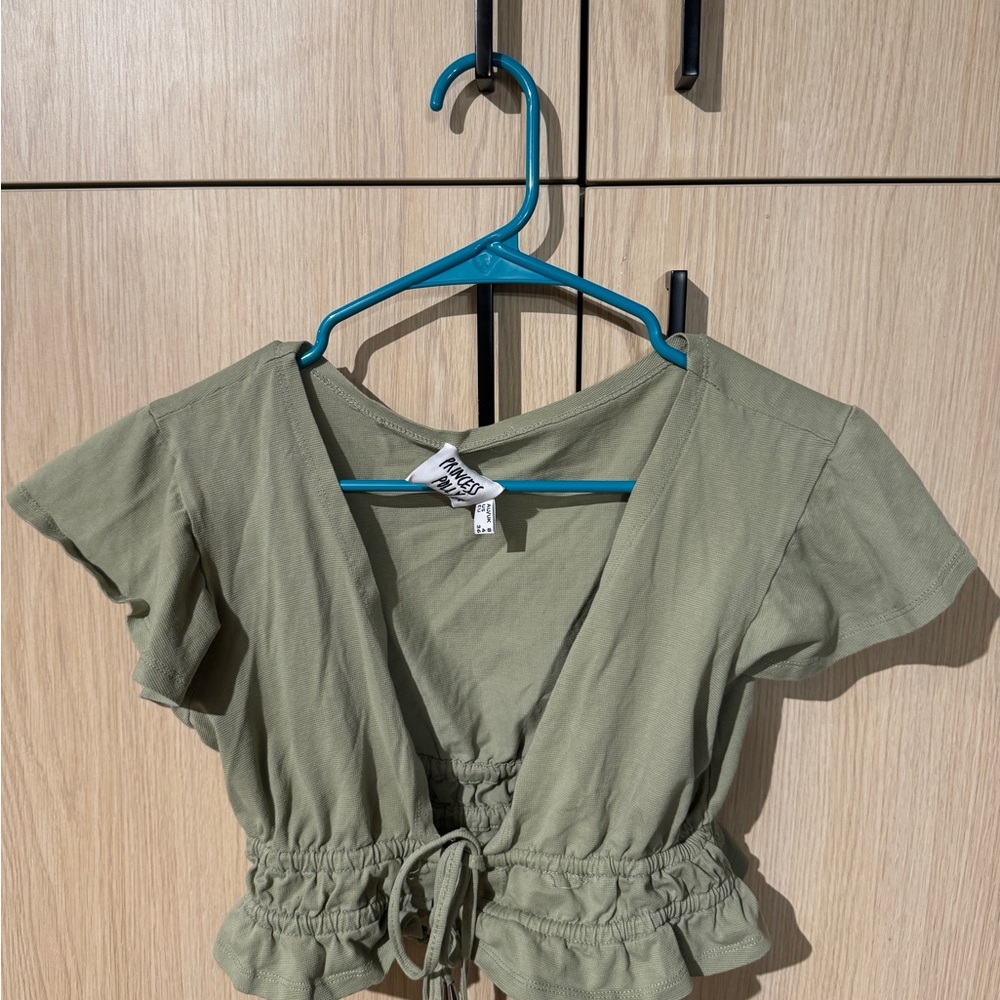 Princess Polly Green Blouse with Tie Front and Ruffled Sleeves